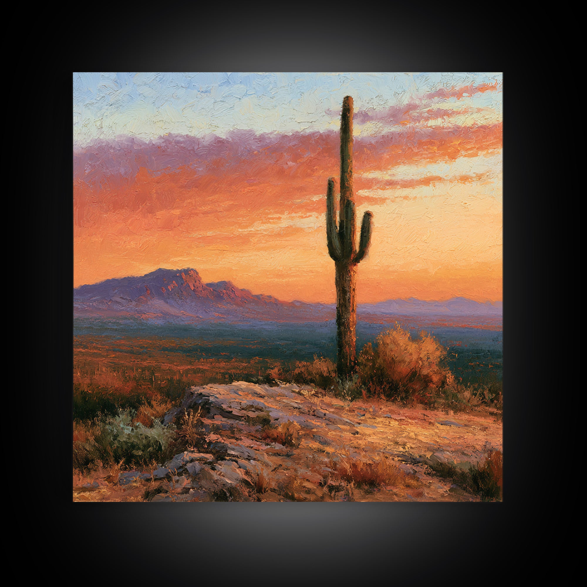 Saguaro Cactus under Orange Sunset Sky Canvas Print, Desert Art, Wall Decor, Southwestern Decor, Desert, Living Room Decor, DES-1x1-49