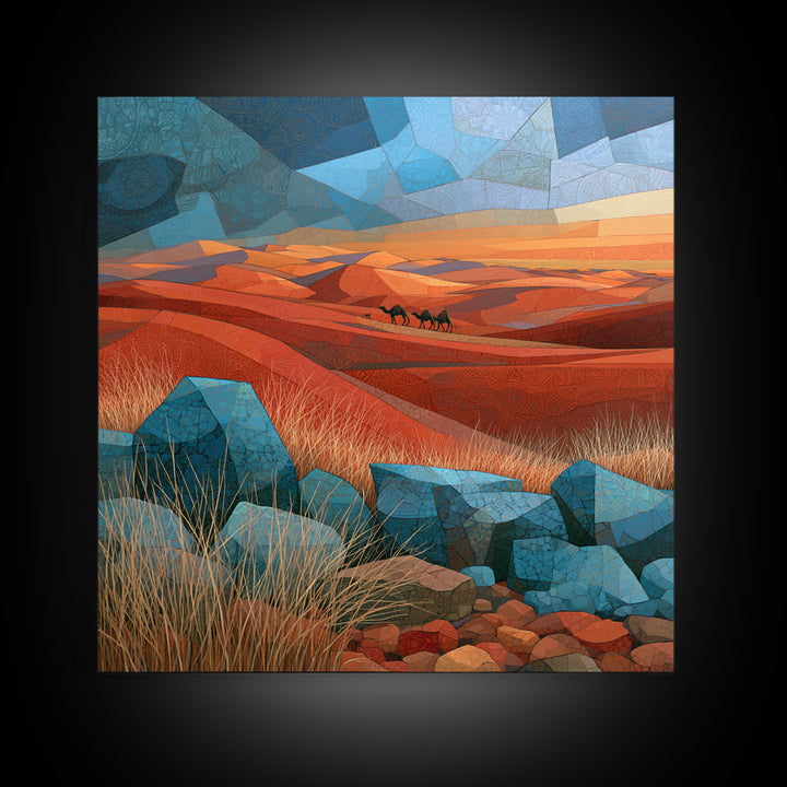 Saharan Dunes with Tiny Caravan Silhouettes Canvas Print, Desert Art, Neutral Decor, Southwestern Decor, Fine Art, Desert, DES-1x1-50