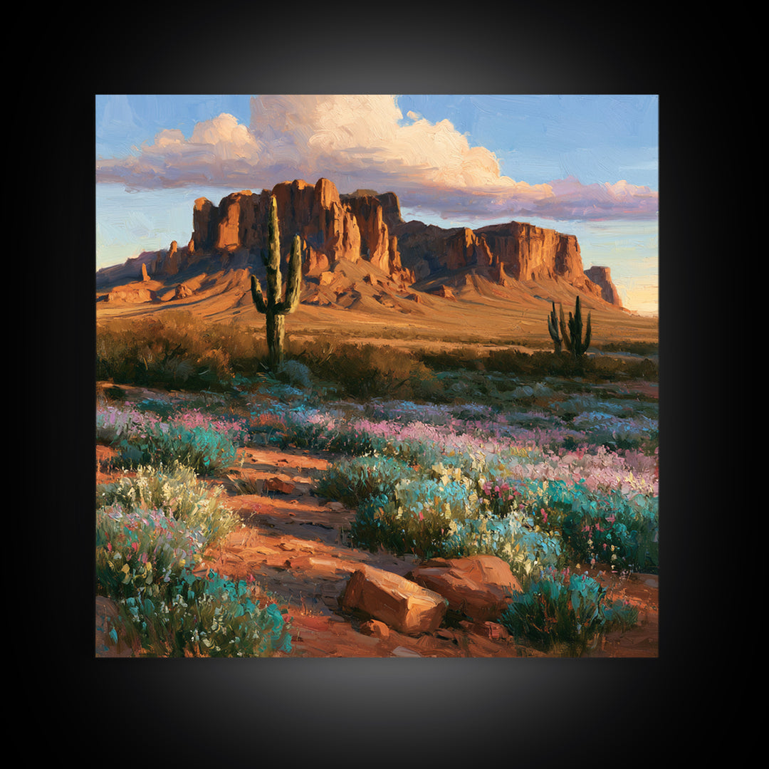 Desert Wildflowers After Spring Rain Framed Canvas Print, Desert Art, Modern Wall Art, Southwestern Decor, Watercolor Art, DES-1x1-52