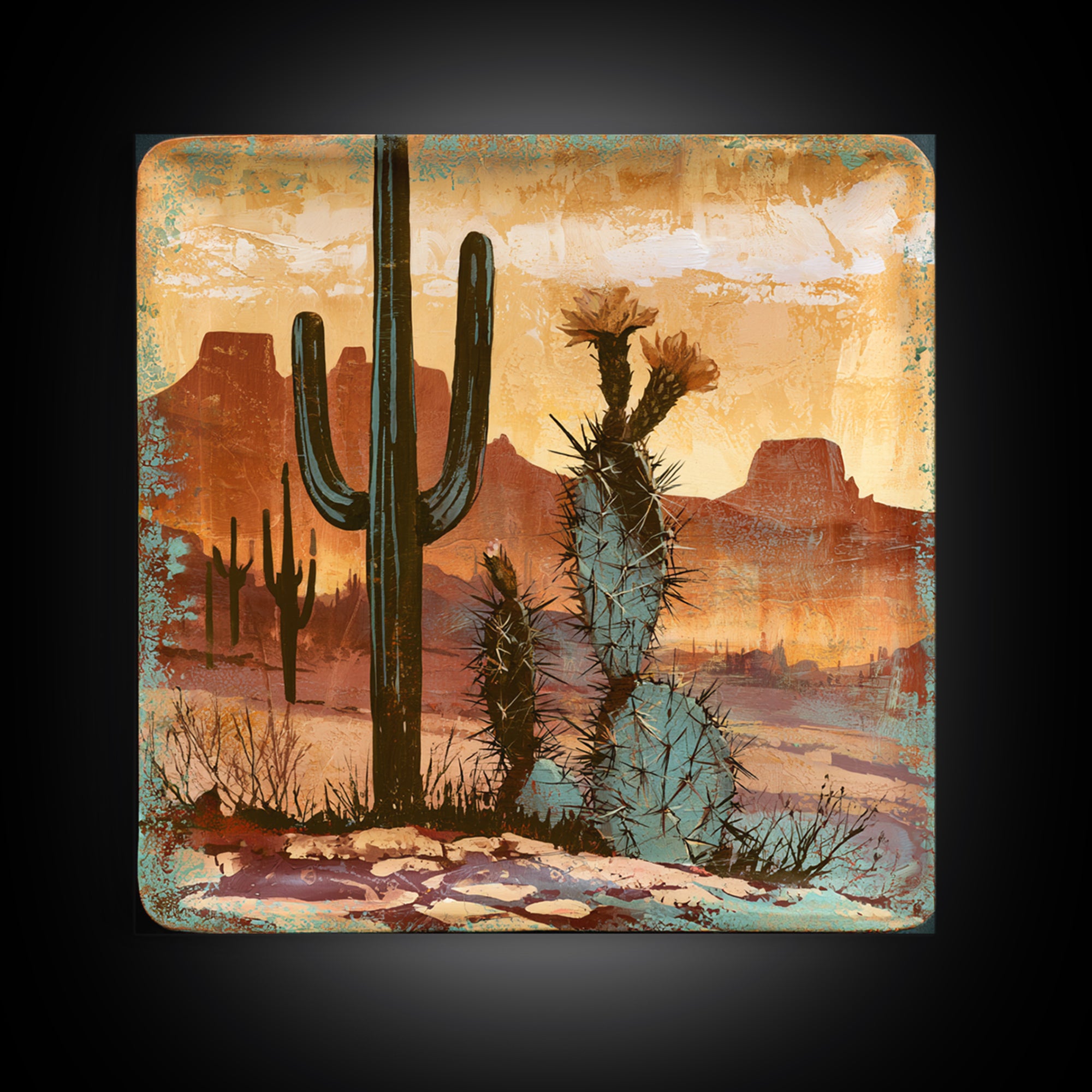 Cactus Botanical Plate Framed Canvas Print, Desert Art, Original Art, Southwestern Decor, Fine Art, Desert, Landscape Wall Art, DES-1x1-56