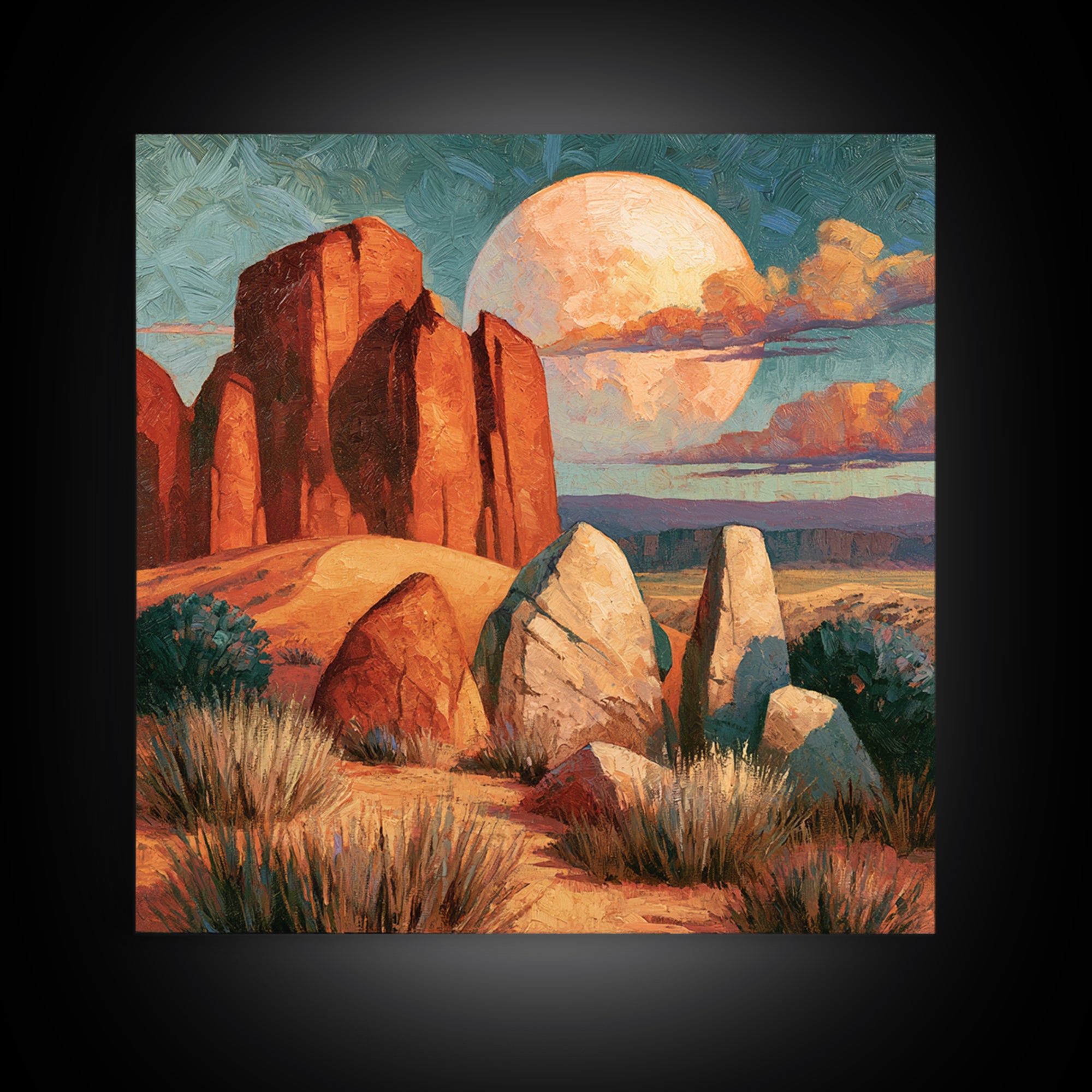 Desert Moon over Rolling Sand Framed Canvas Print, Desert Art, Fine Art Print, Southwestern Decor, Watercolor Art, Desert, DES-1x1-58