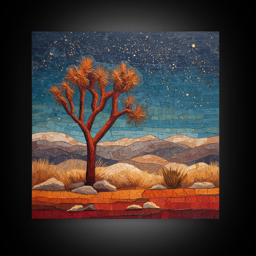 Joshua Tree under Star Filled Night Framed Canvas Print, Desert Art, Botanical Art, Southwestern Decor, Fine Art, Desert, DES-1x1-6