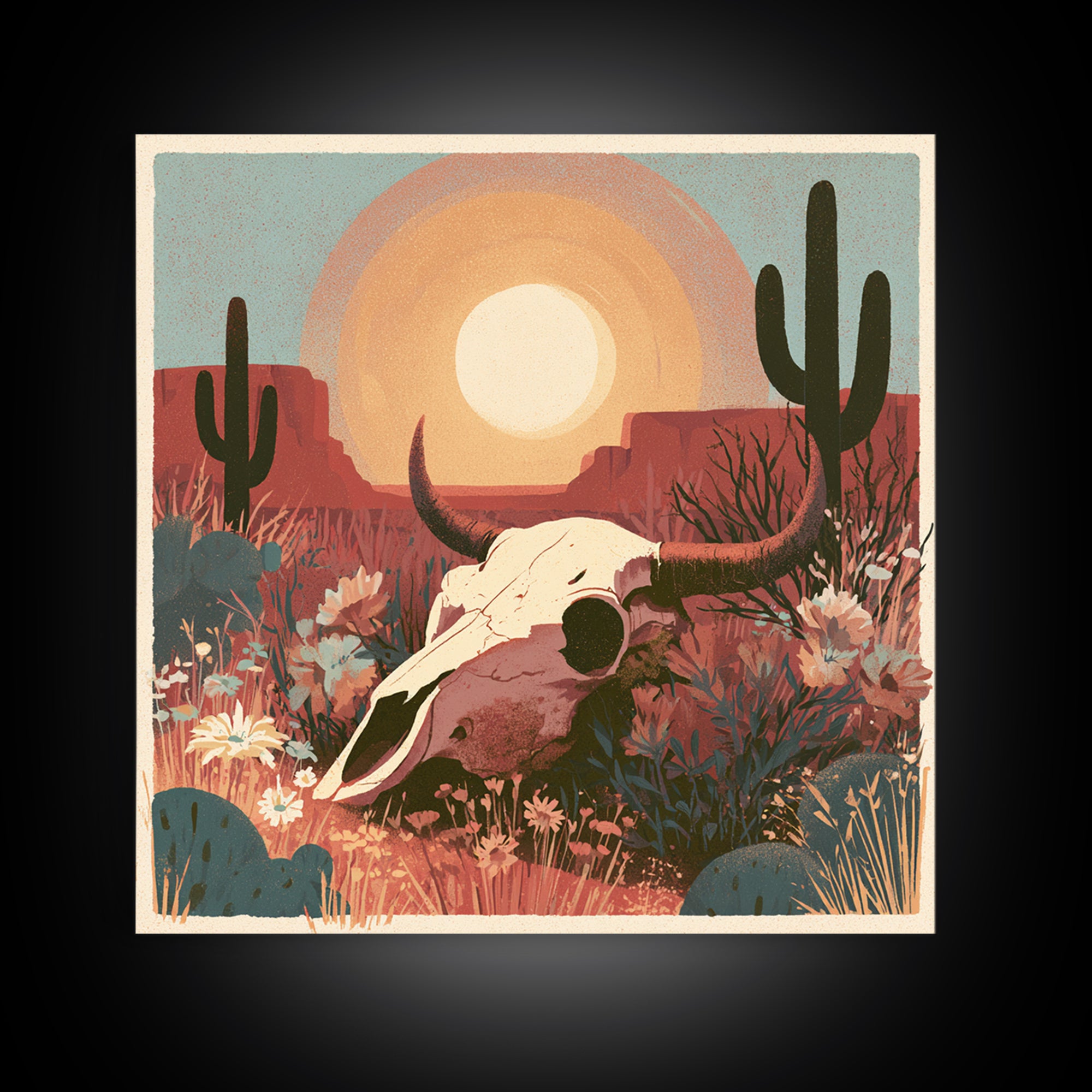 Sun Bleached Skull and Desert Flowers Canvas Print, Desert Art, Western Decor, Southwestern Decor, Desert, Modern Decor, DES-1x1-60