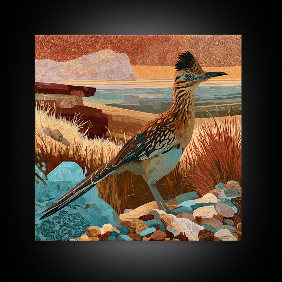 Roadrunner Bird in a Dry Wash Framed Canvas Print, Desert Art, Statement Artwork, Southwestern Decor, Fine Art, Desert, DES-1x1-62