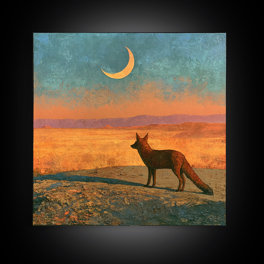 Desert Fox Beneath a Crescent Moon Framed Canvas Print, Desert Art, Wall Art, Southwestern Decor, Oil Painting, Desert, DES-1x1-65