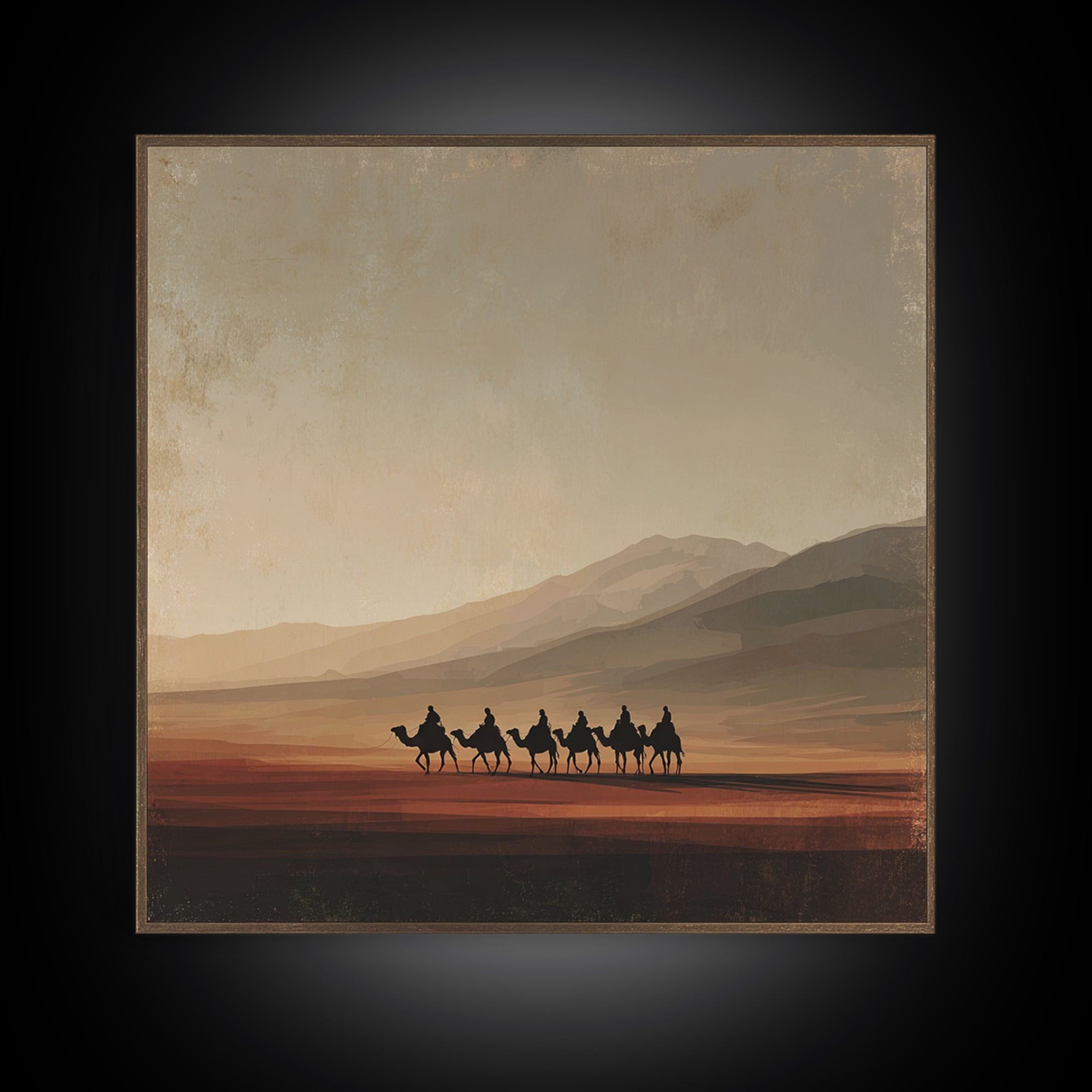 Camel Caravan Crossing Golden Dunes Framed Canvas Print, Desert Art, Living Room Decor, Southwestern Decor, Oil Painting, DES-1x1-7