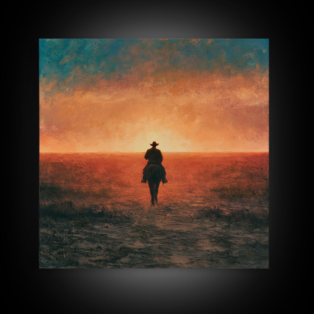 Dusty Horseback Rider at Sunset Framed Canvas Print, Desert Art, Nature Wall Art, Southwestern Decor, Fine Art, Desert, DES-1x1-71