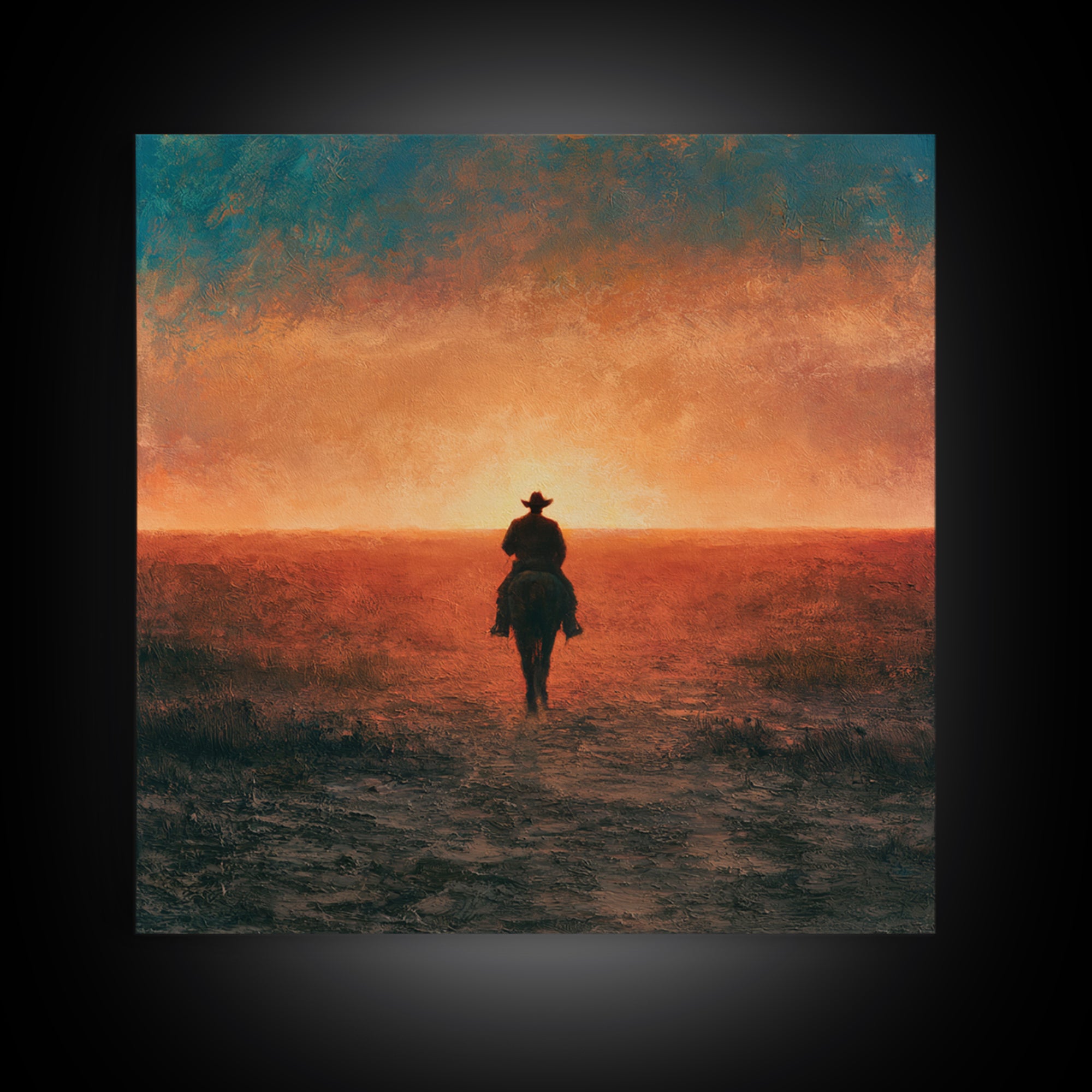 Dusty Horseback Rider at Sunset Framed Canvas Print, Desert Art, Nature Wall Art, Southwestern Decor, Fine Art, Desert, DES-1x1-71