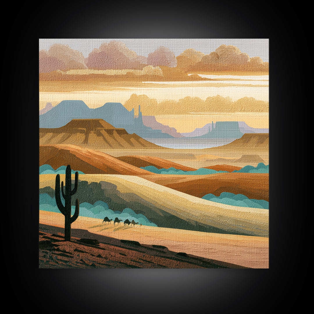 Saharan Dunes with Tiny Caravan Silhouettes Framed Canvas Print, Desert Art, Art Print, Southwestern Decor, Fine Art, Desert, DES-1x1-74