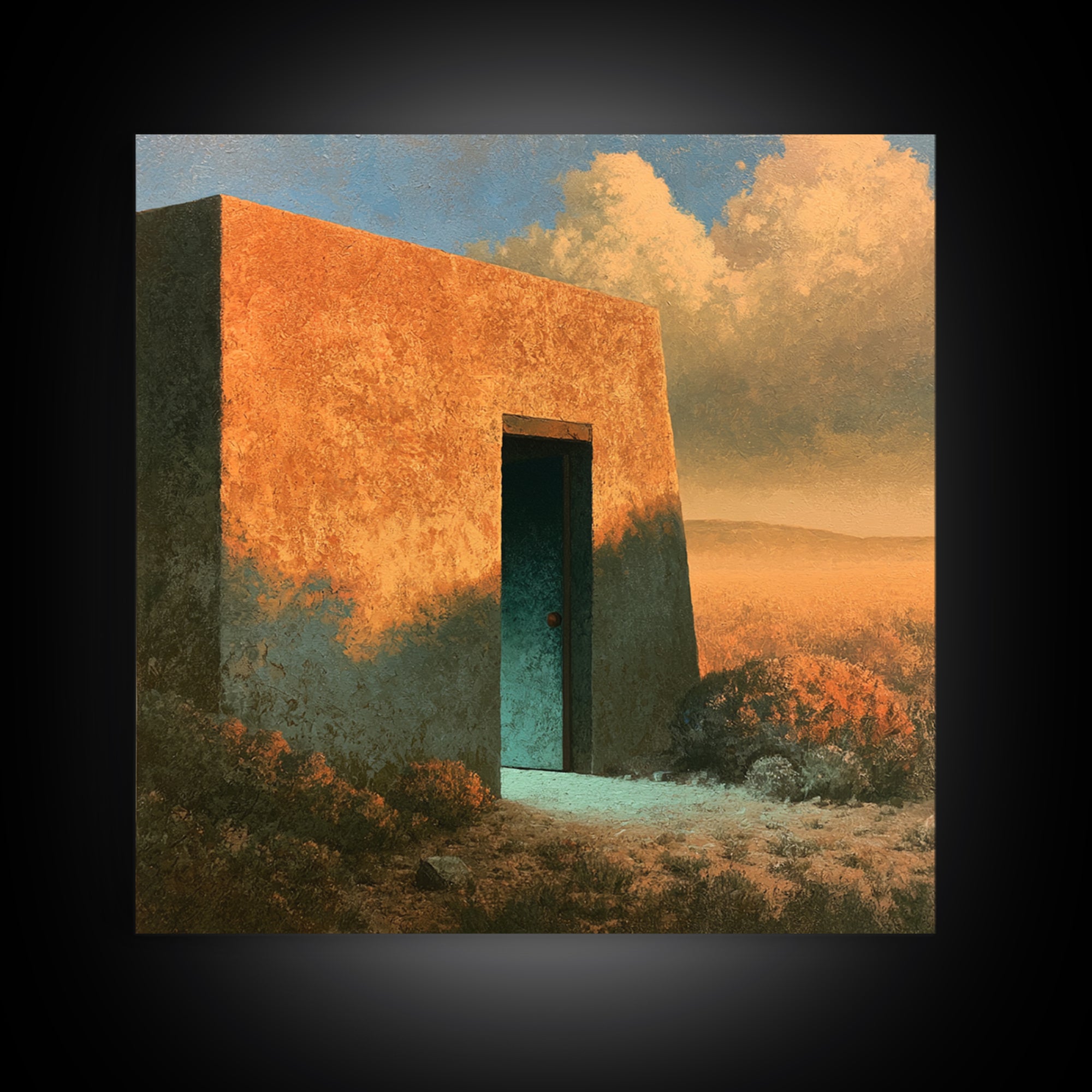 Adobe Doorway with Turquoise Shadow Canvas Print, Desert Art, Oil Painting, Southwestern Decor, Desert, Bedroom Wall Art, DES-1x1-77