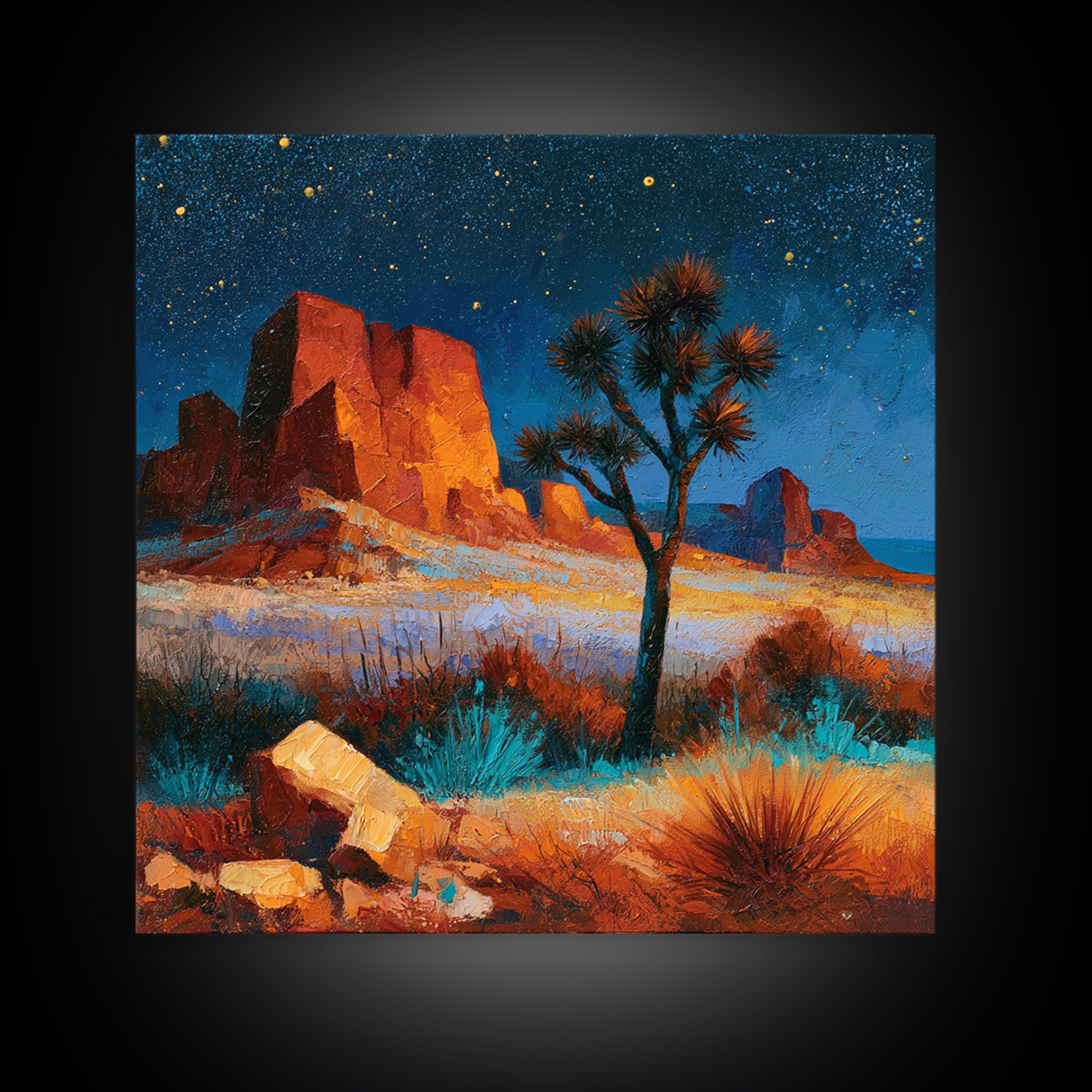 Joshua Tree under Star Filled Night Framed Canvas Print, Desert Art, Southwestern Decor, Watercolor Art, Desert, DES-1x1-78