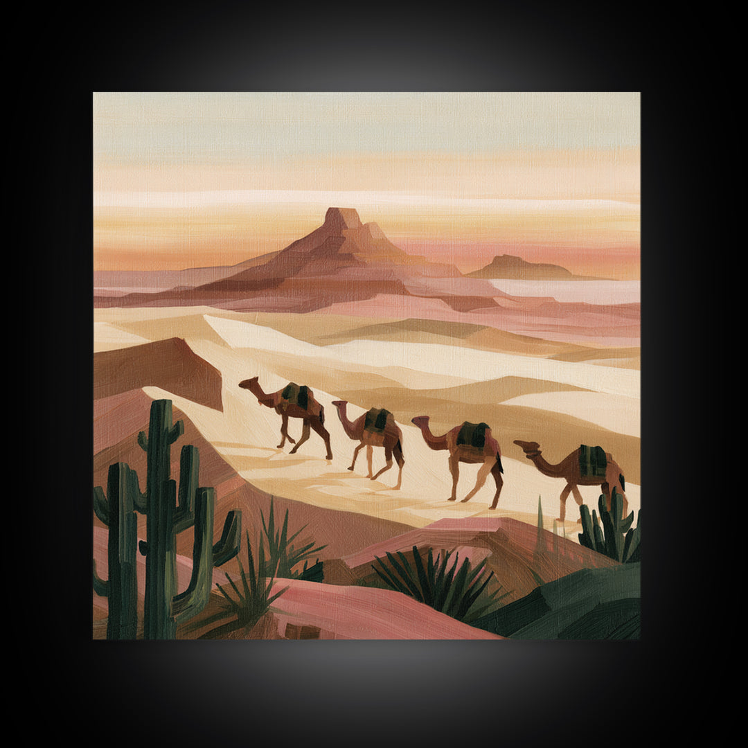 Camel Caravan Crossing Golden Dunes Framed Canvas Print, Desert Art, Art Print, Southwestern Decor, Fine Art, Desert, DES-1x1-79