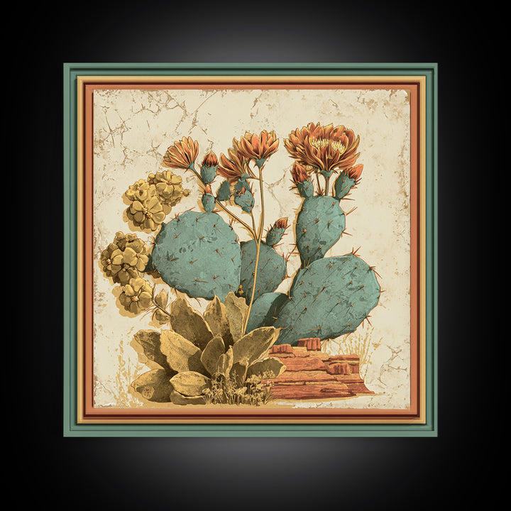 Cactus Botanical Plate Framed Canvas Print, Desert Art, Southwestern Decor, Oil Painting, Desert, Bedroom Wall Art, DES-1x1-8