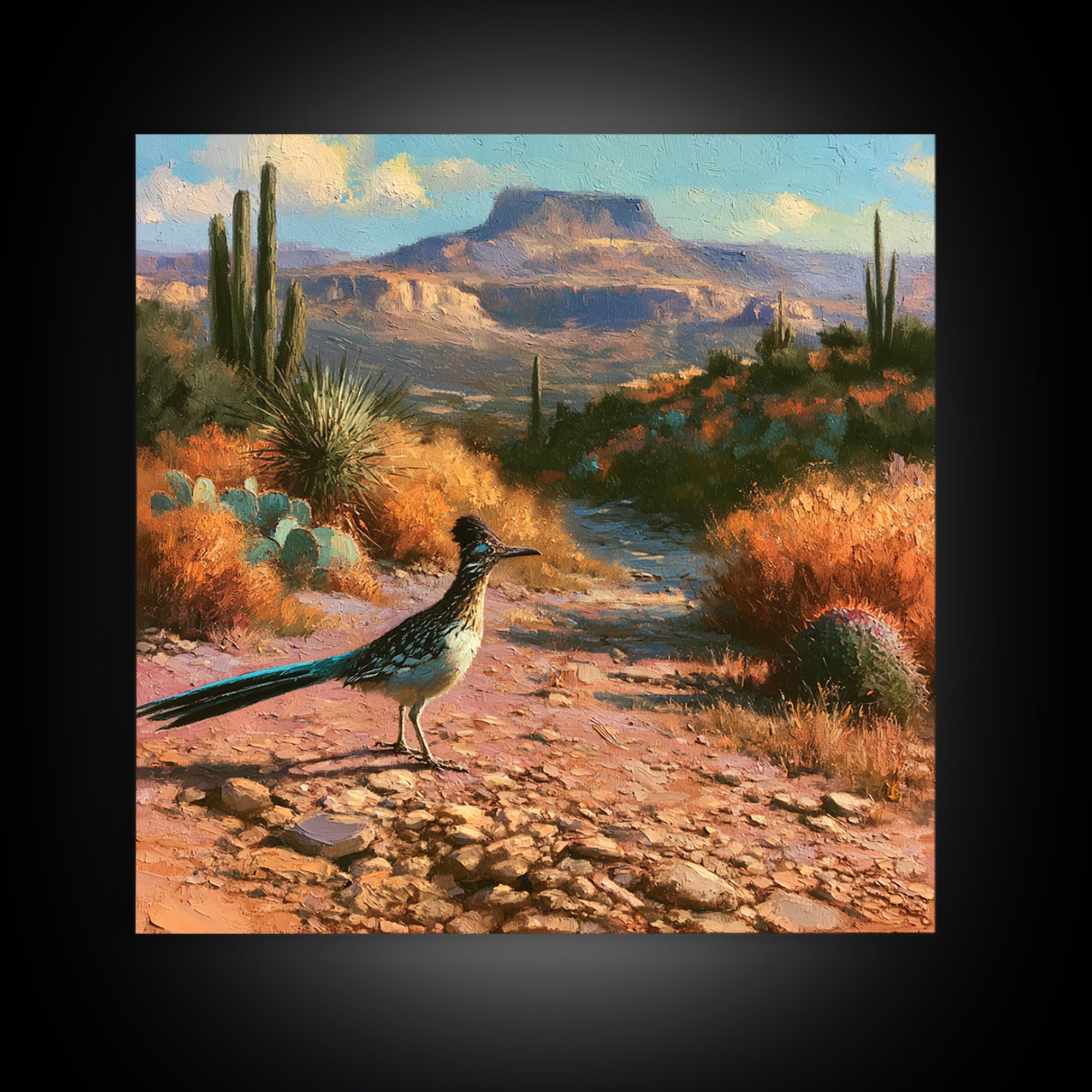 Roadrunner Bird in a Dry Wash Canvas Print, Desert Art, Minimalist Decor, Southwestern Decor, Oil Painting, Desert, Boho, DES-1x1-86