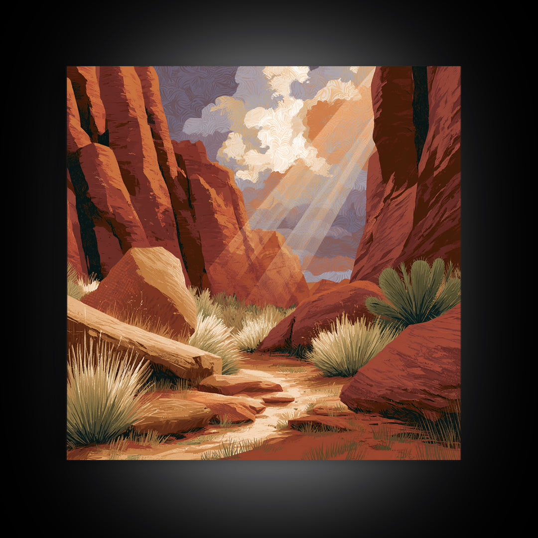 Sandstone Canyon with Dramatic Light Beam Framed Canvas Print, Desert Art, Wall Art, Southwestern Decor, Oil Painting, Desert, DES-1x1-88