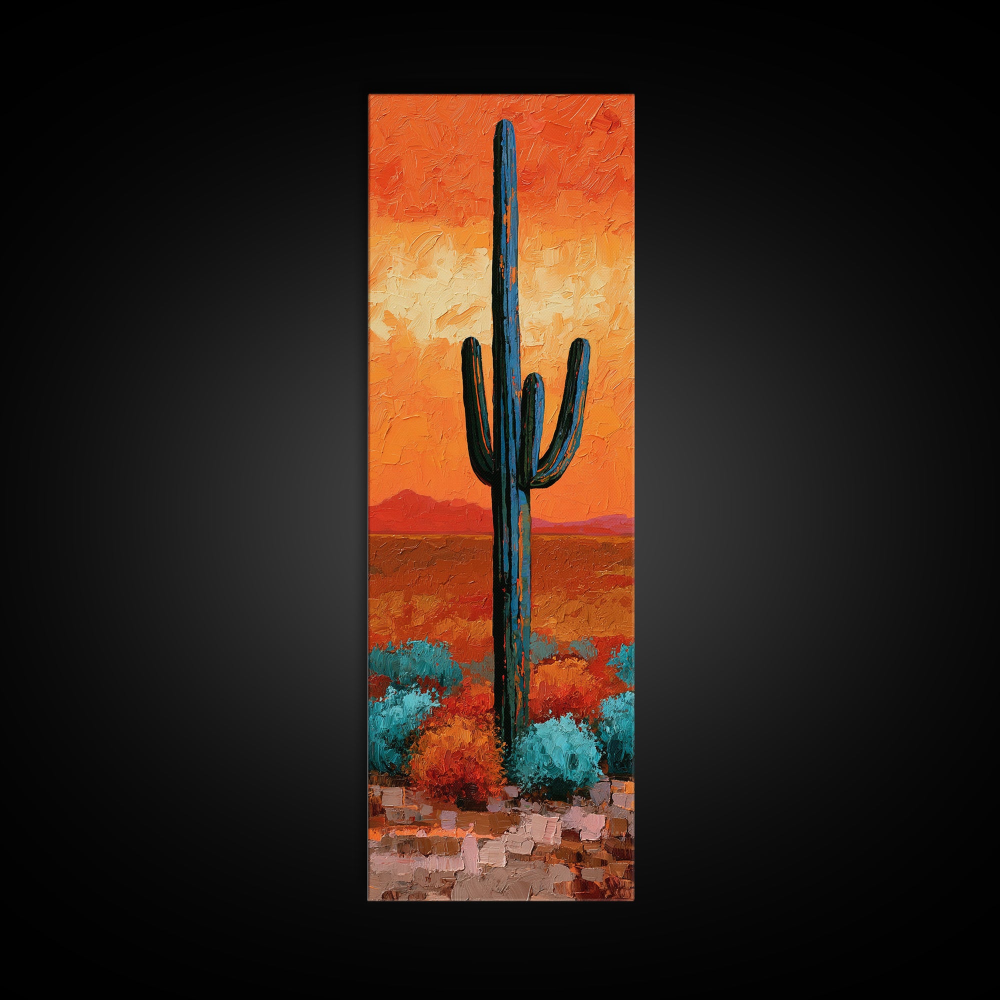 Saguaro Cactus under Orange Sunset Sky Canvas Print, Desert Art, Printable Wall Art, Southwestern Decor, Oil Painting, Desert, DES-1x3-13