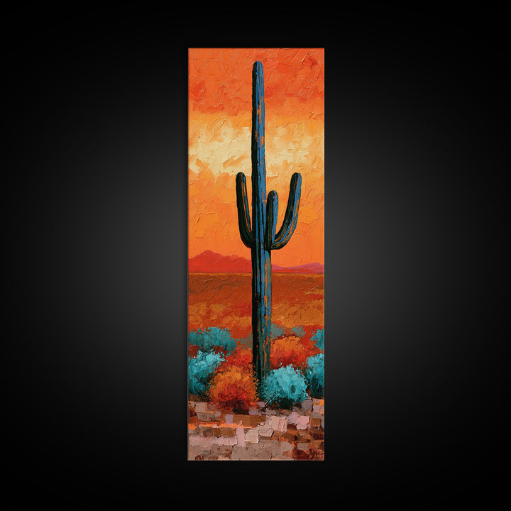 Saguaro Cactus under Orange Sunset Sky Canvas Print, Desert Art, Printable Wall Art, Southwestern Decor, Oil Painting, Desert, DES-1x3-13