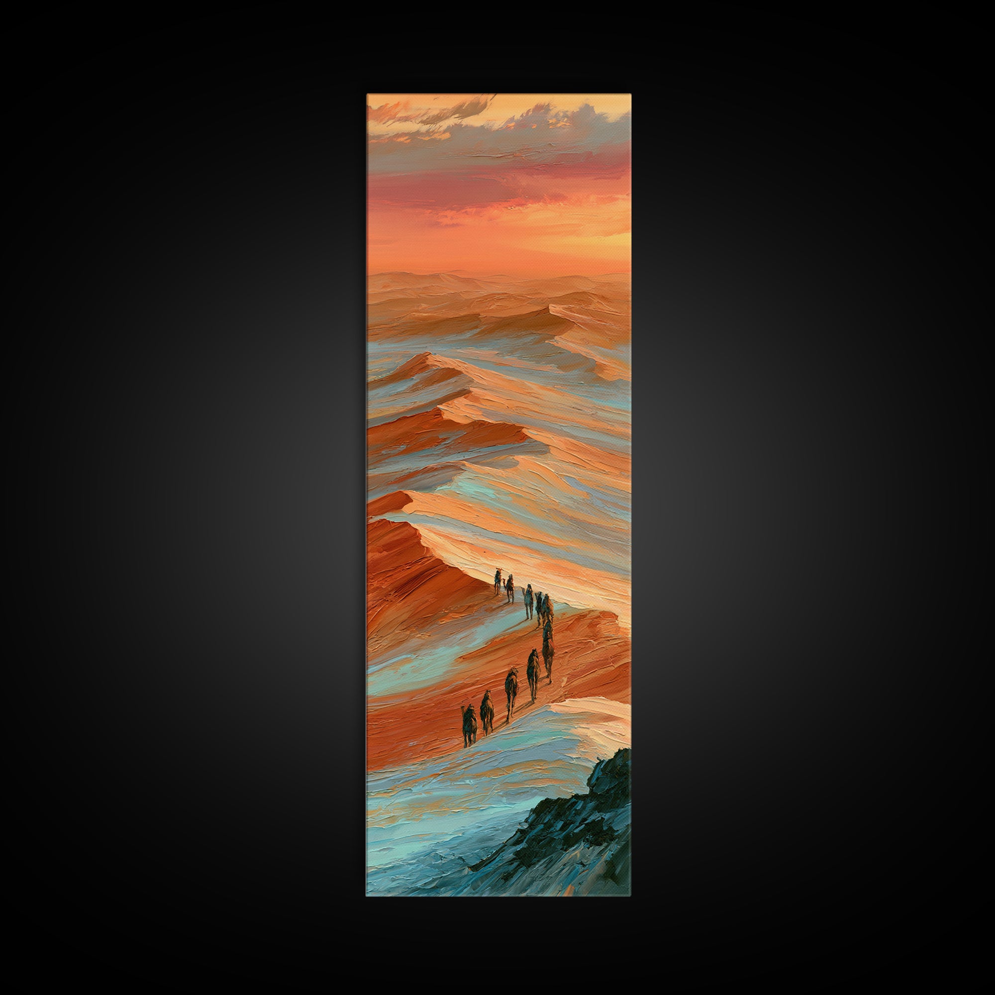 Camel Caravan Crossing Golden Dunes Framed Canvas Print, Desert Art, Mountain Wall Art, Southwestern Decor, Oil Painting, DES-1x3-19