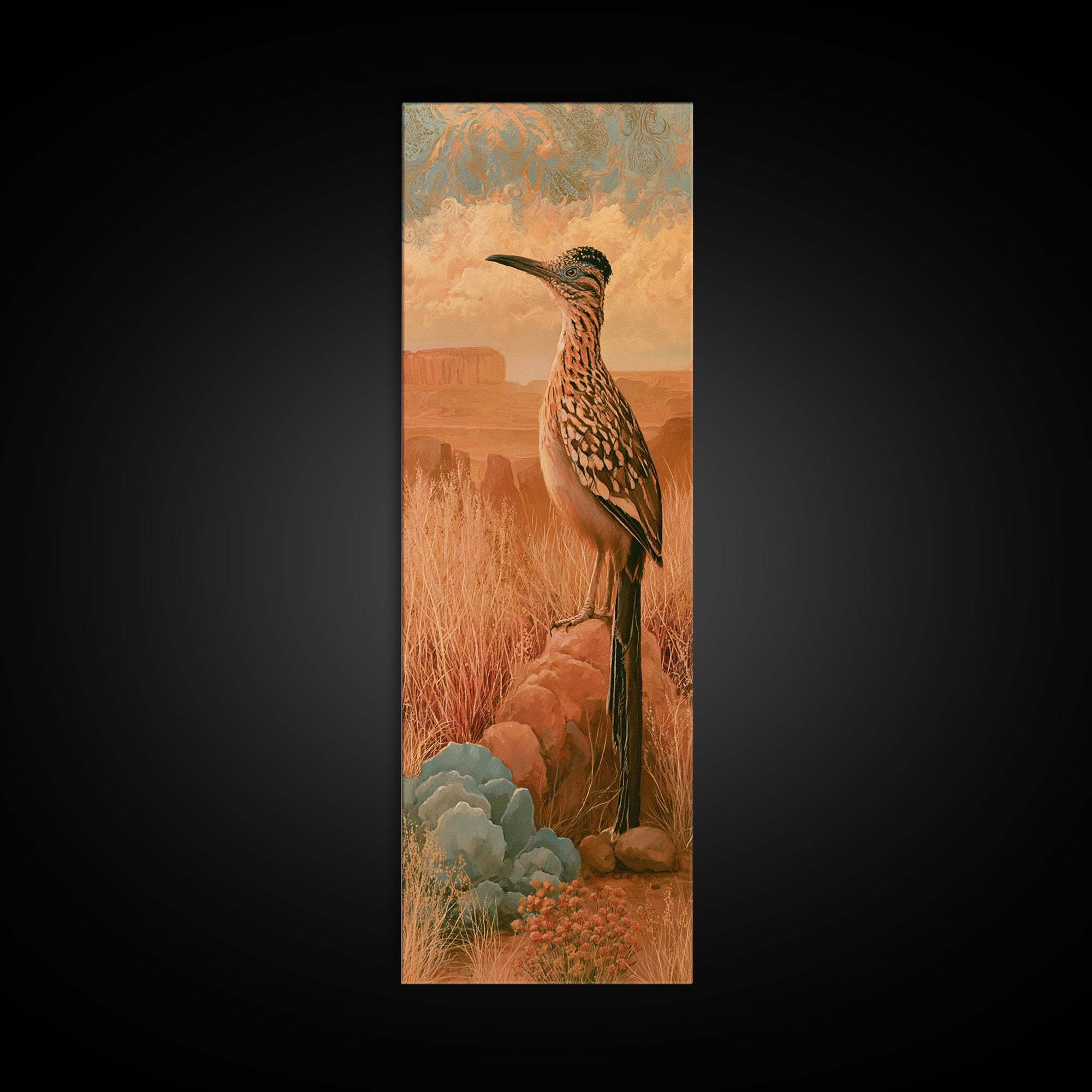 Roadrunner Bird in a Dry Wash Canvas Print, Desert Art, Modern Decor, Southwestern Decor, Fine Art, Desert, Room Decor, DES-1x3-2