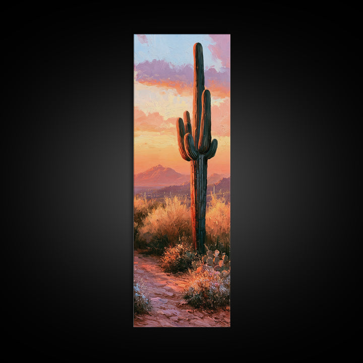 Saguaro Cactus under Orange Sunset Sky Canvas Print, Desert Art, Printable Wall Art, Southwestern Decor, Oil Painting, Desert, DES-1x3-37