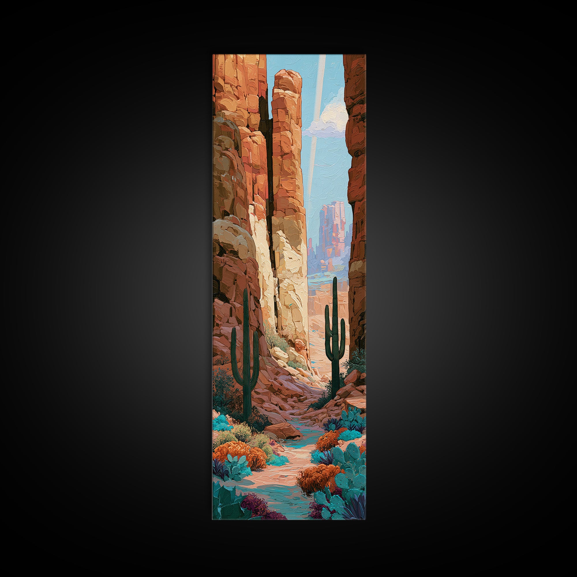 Sandstone Canyon with Dramatic Light Beam Framed Canvas Print, Desert Art, Southwestern Decor, Oil Painting, Desert, DES-1x3-4
