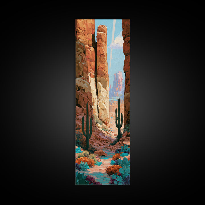 Sandstone Canyon with Dramatic Light Beam Framed Canvas Print, Desert Art, Southwestern Decor, Oil Painting, Desert, DES-1x3-4