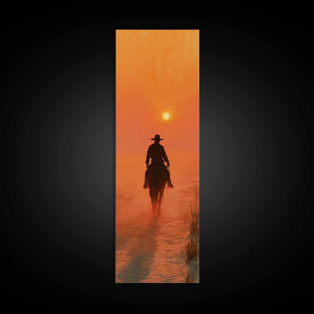 Dusty Horseback Rider at Sunset Canvas Print, Desert Art, Modern Decor, Southwestern Decor, Oil Painting, Desert, Room Decor, DES-1x3-59