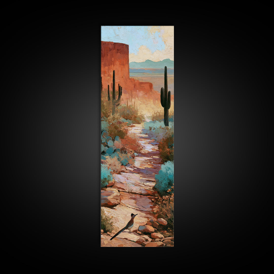 Roadrunner Bird in a Dry Wash Framed Canvas Print, Desert Art, Textured Painting, Southwestern Decor, Fine Art, Desert, DES-1x3-74