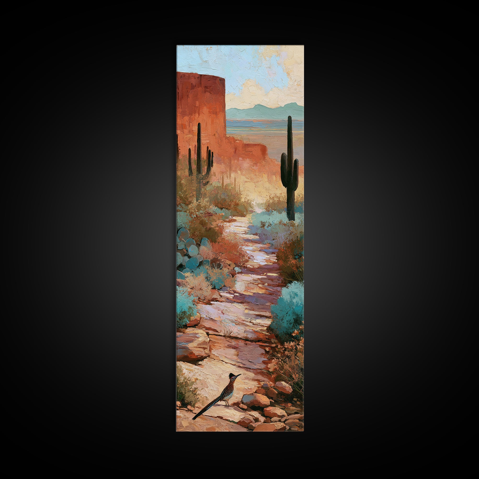 Roadrunner Bird in a Dry Wash Framed Canvas Print, Desert Art, Textured Painting, Southwestern Decor, Fine Art, Desert, DES-1x3-74