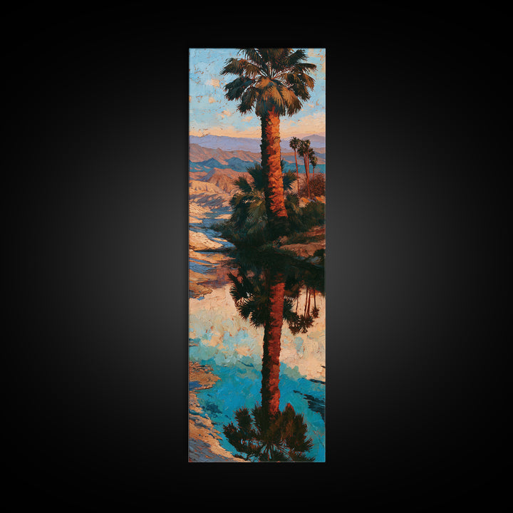 Palm Oasis Reflected Framed Canvas Print, Desert Art, Wall Art, Southwestern Decor, Oil Painting, Desert, Apartment Decor, DES-1x3-75