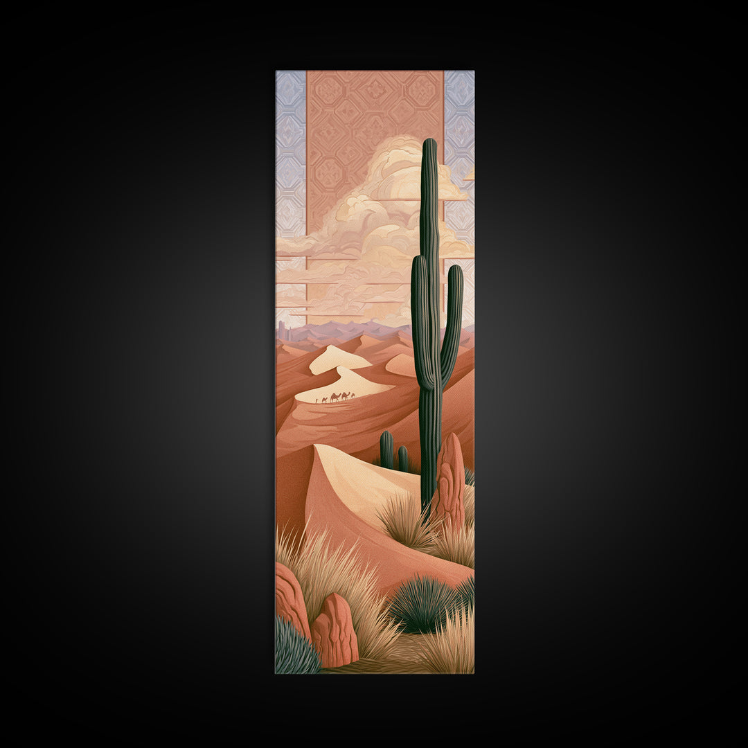Saharan Dunes with Tiny Caravan Silhouettes Canvas Print, Desert Art, Print, Southwestern Decor, Desert, Watercolor Painting, DES-1x3-86