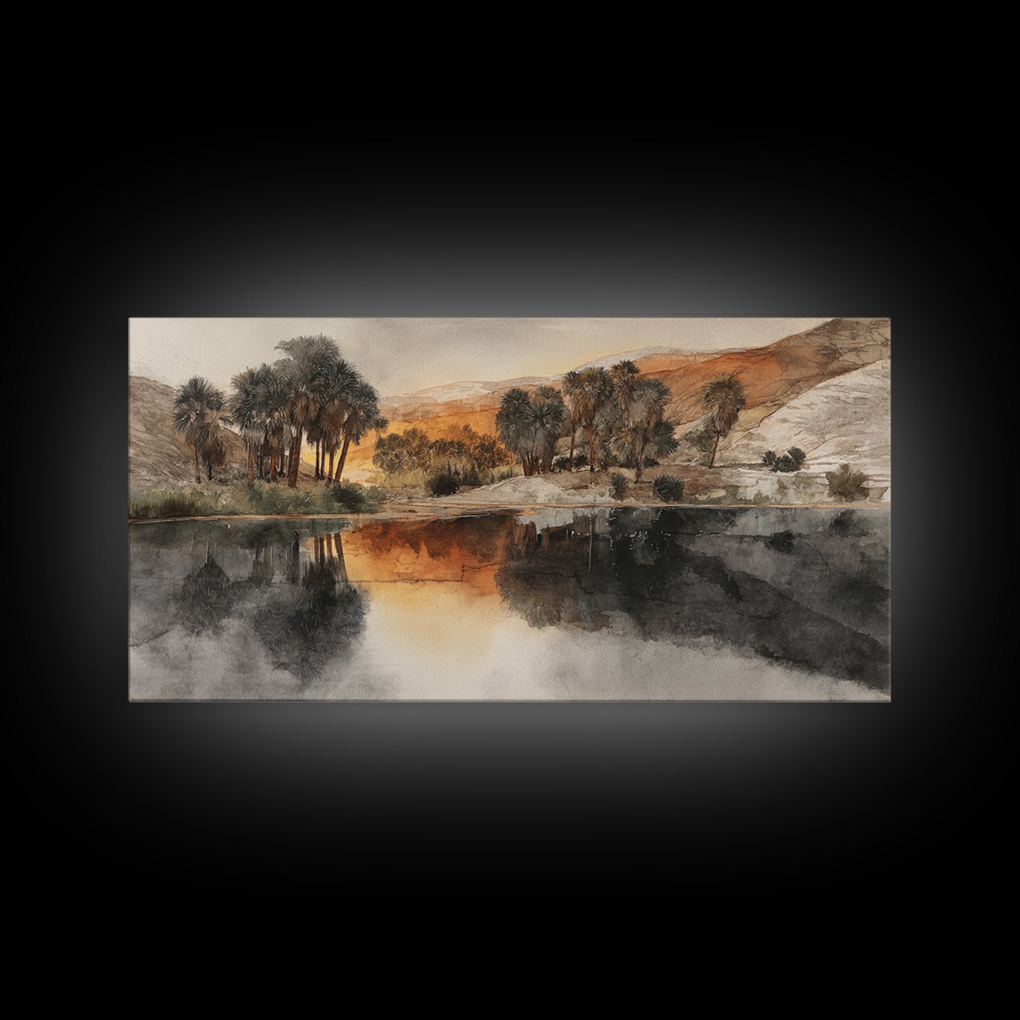 Palm Oasis Reflected Framed Canvas Print, Desert Art, Western Wall Art, Southwestern Decor, Watercolor Art, Desert, DES-2x1-11