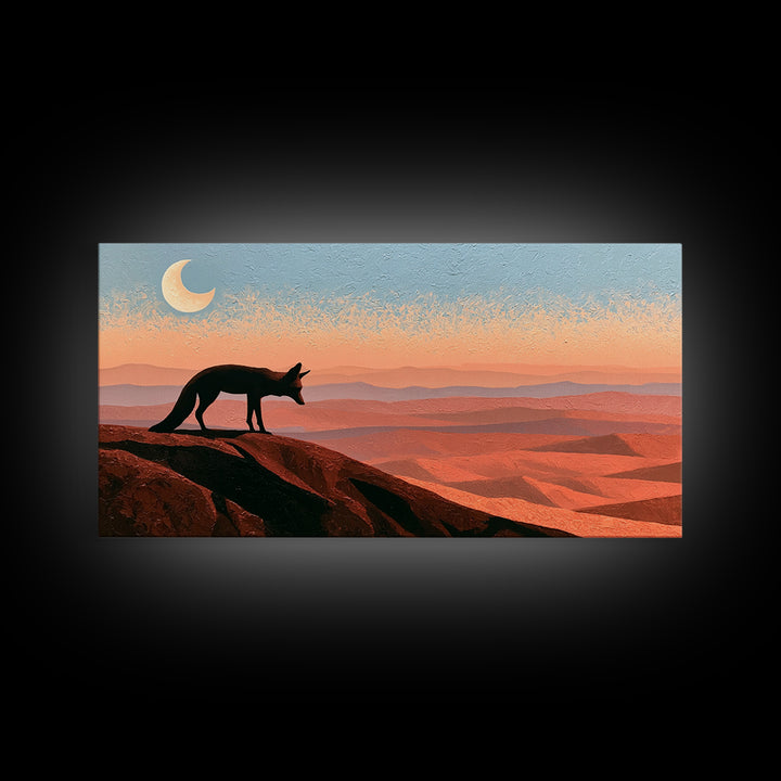 Desert Fox Beneath a Crescent Moon Framed Canvas Print, Desert Art, Original Art, Southwestern Decor, Fine Art, Desert, DES-2x1-37