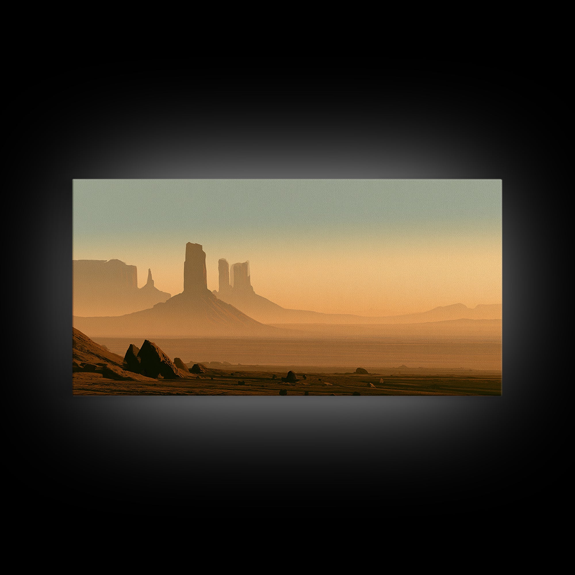 Monument Valley Silhouette Framed Canvas Print, Desert Art, Abstract Wall Art, Southwestern Decor, Desert, Living Room Art, DES-2x1-5