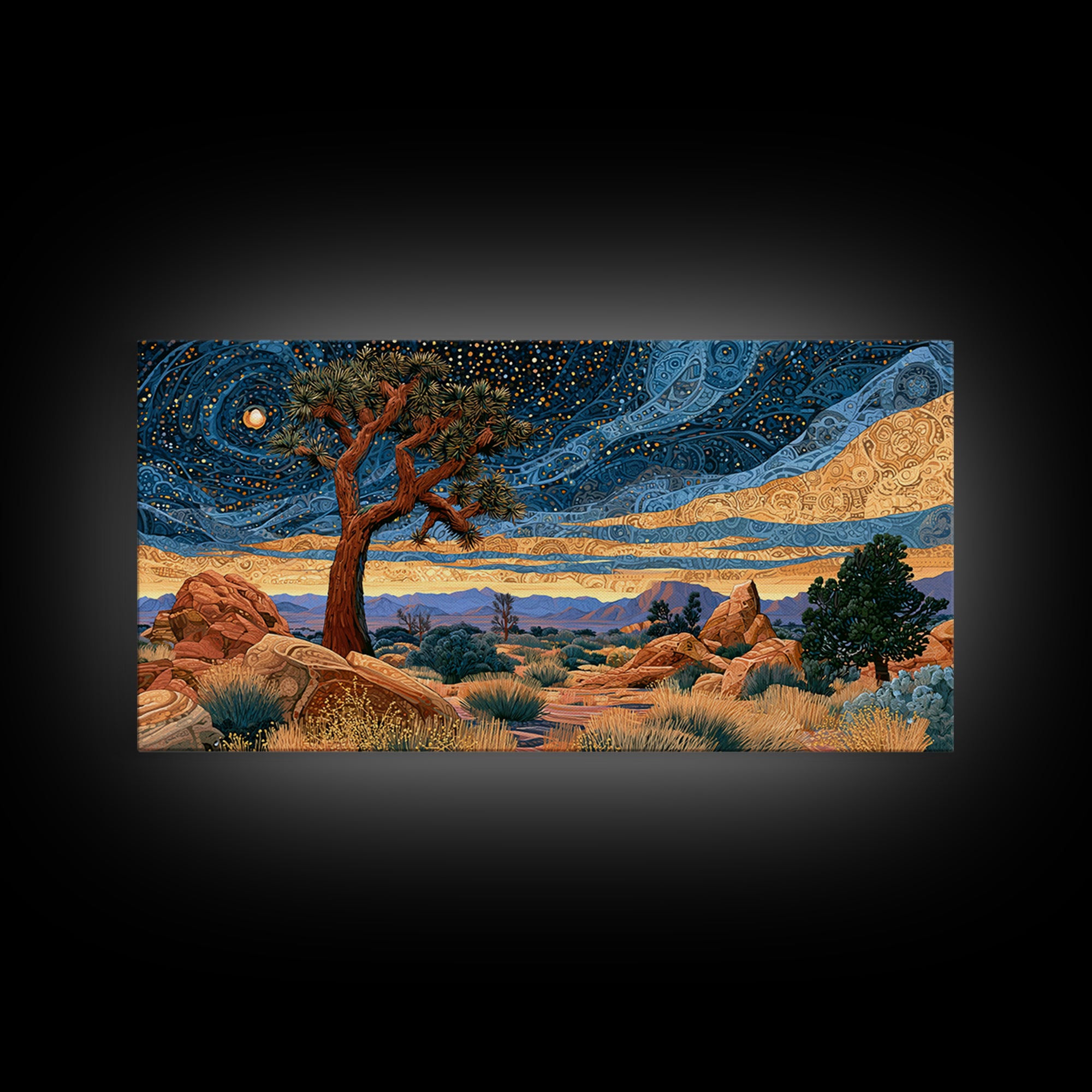 Joshua Tree under Star Filled Night Framed Canvas Print, Desert Art, Southwestern Decor, Oil Painting, Desert, DES-2x1-50