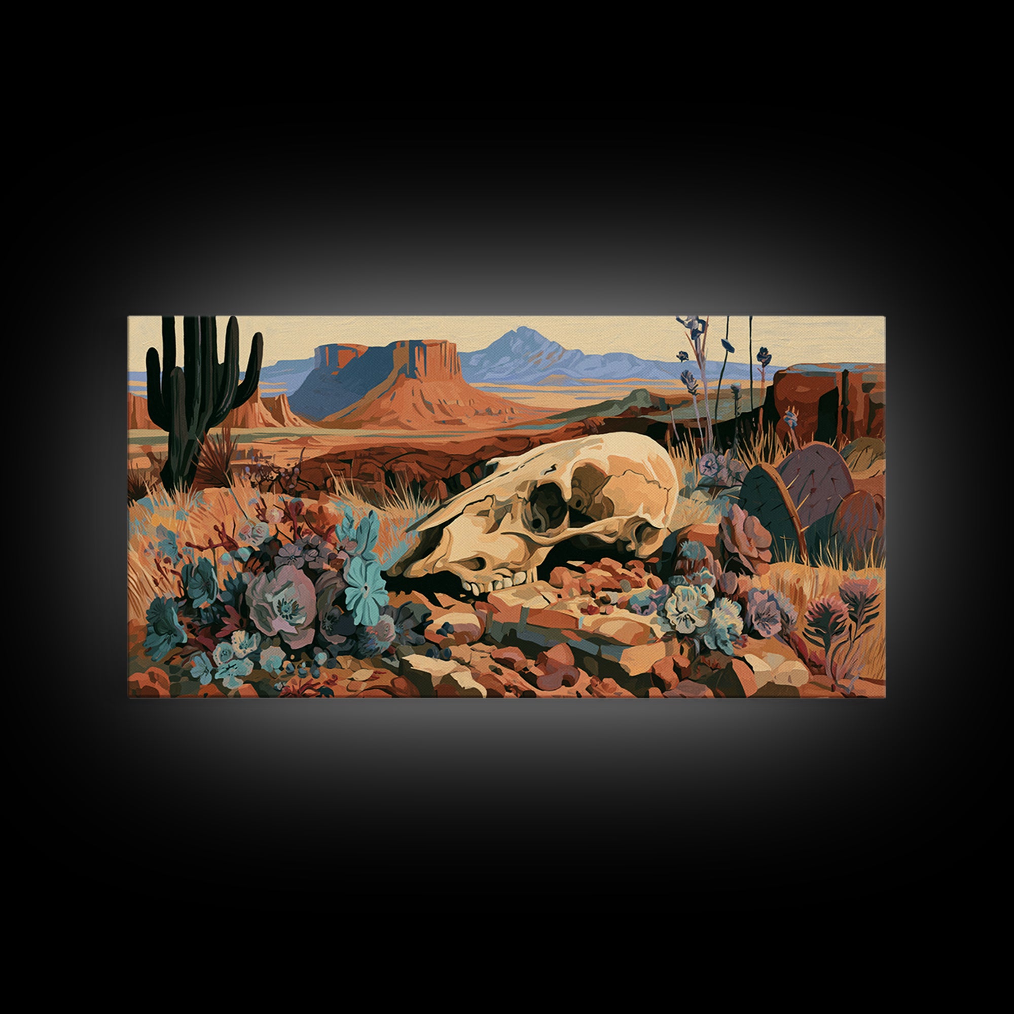Sun Bleached Skull and Desert Flowers Framed Canvas Print, Desert Art, Wall Art Prints, Southwestern Decor, Fine Art, Desert, DES-2x1-56