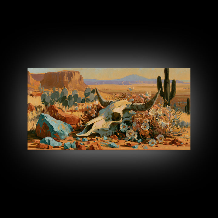 Sun Bleached Skull and Desert Flowers Framed Canvas Print, Desert Art, Art Print, Southwestern Decor, Watercolor Art, Desert, DES-2x1-8