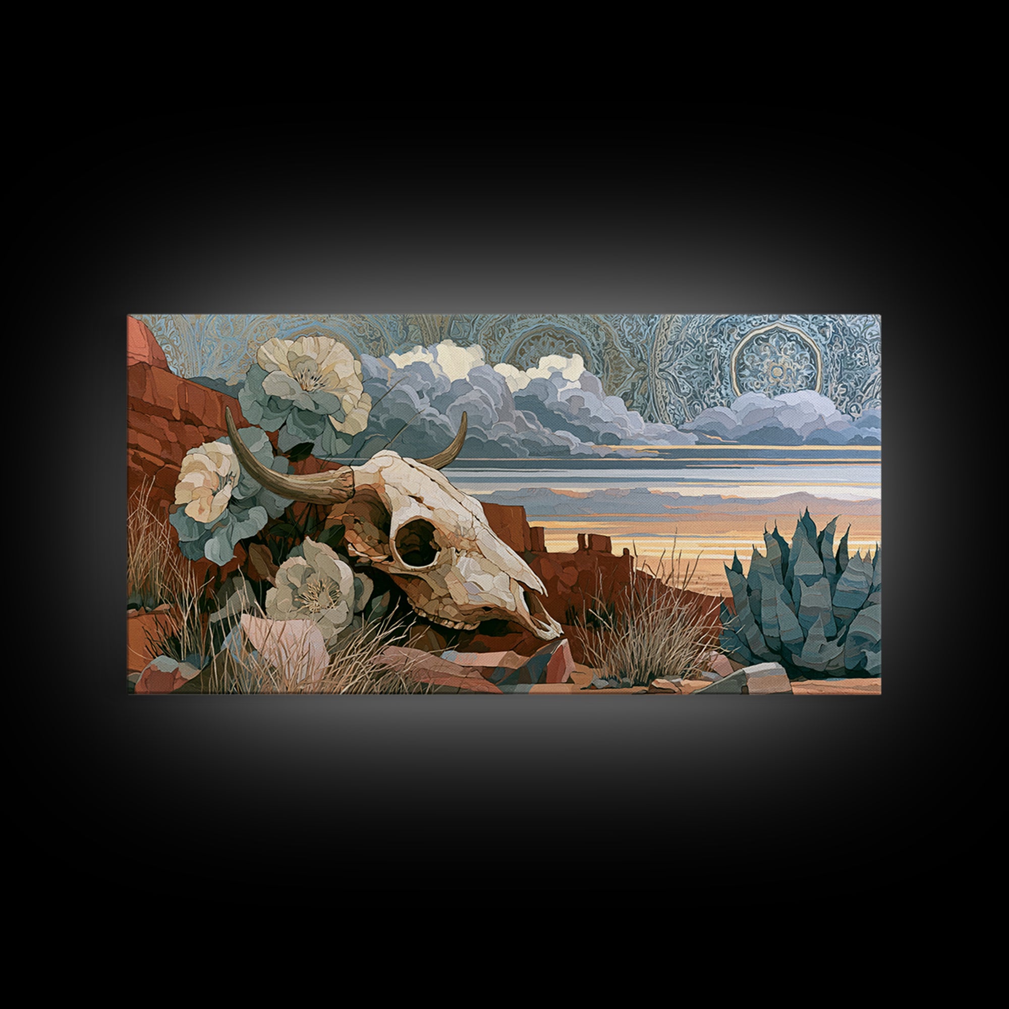 Sun Bleached Skull and Desert Flowers Framed Canvas Print, Desert Art, Modern Wall Art, Southwestern Decor, Oil Painting, DES-2x1-80