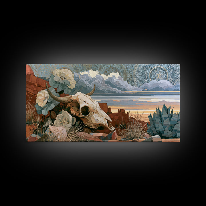Sun Bleached Skull and Desert Flowers Framed Canvas Print, Desert Art, Modern Wall Art, Southwestern Decor, Oil Painting, DES-2x1-80