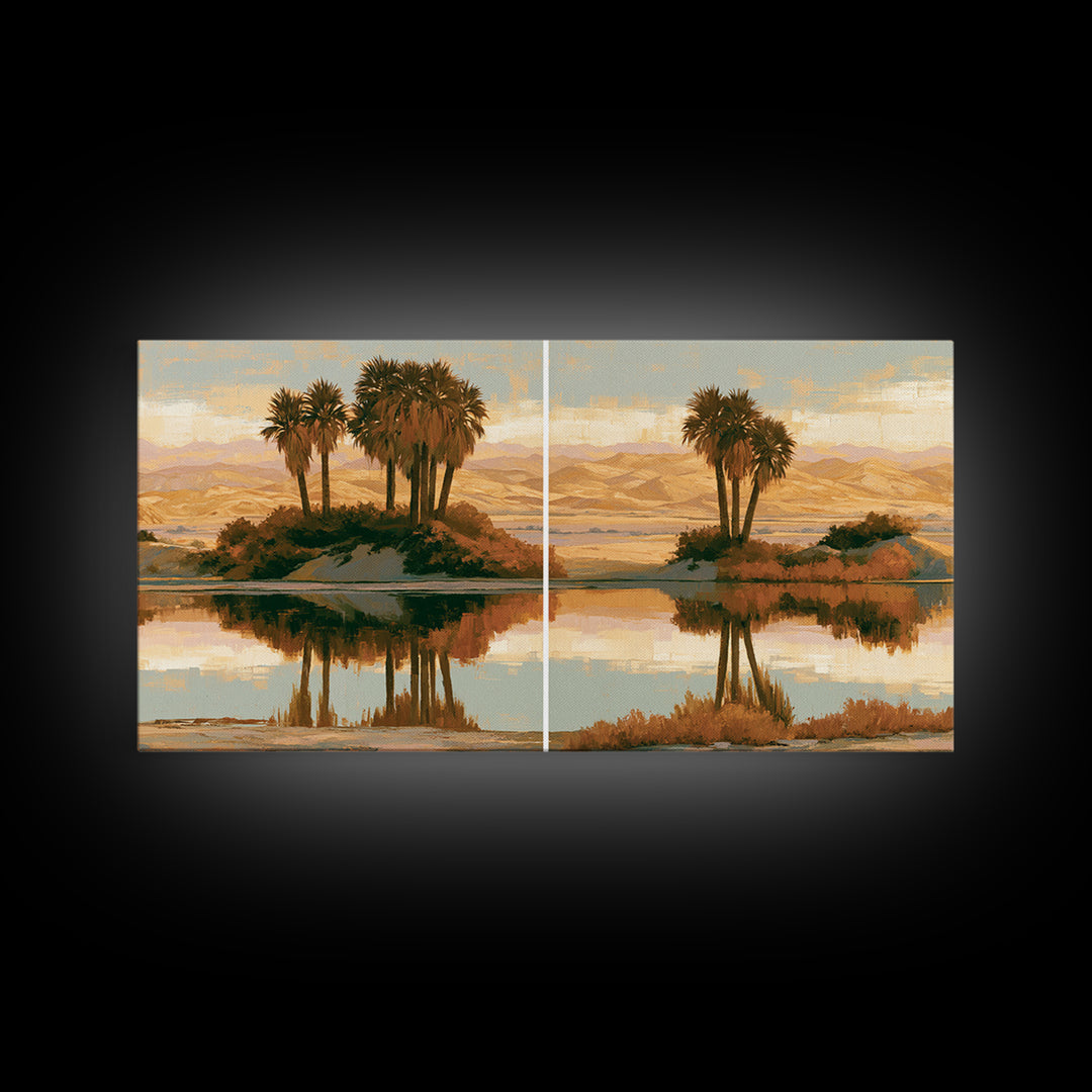 Palm Oasis Reflected Framed Canvas Print, Desert Art, Wall Art Prints, Southwestern Decor, Oil Painting, Desert, Boho Decor, DES-2x1-83