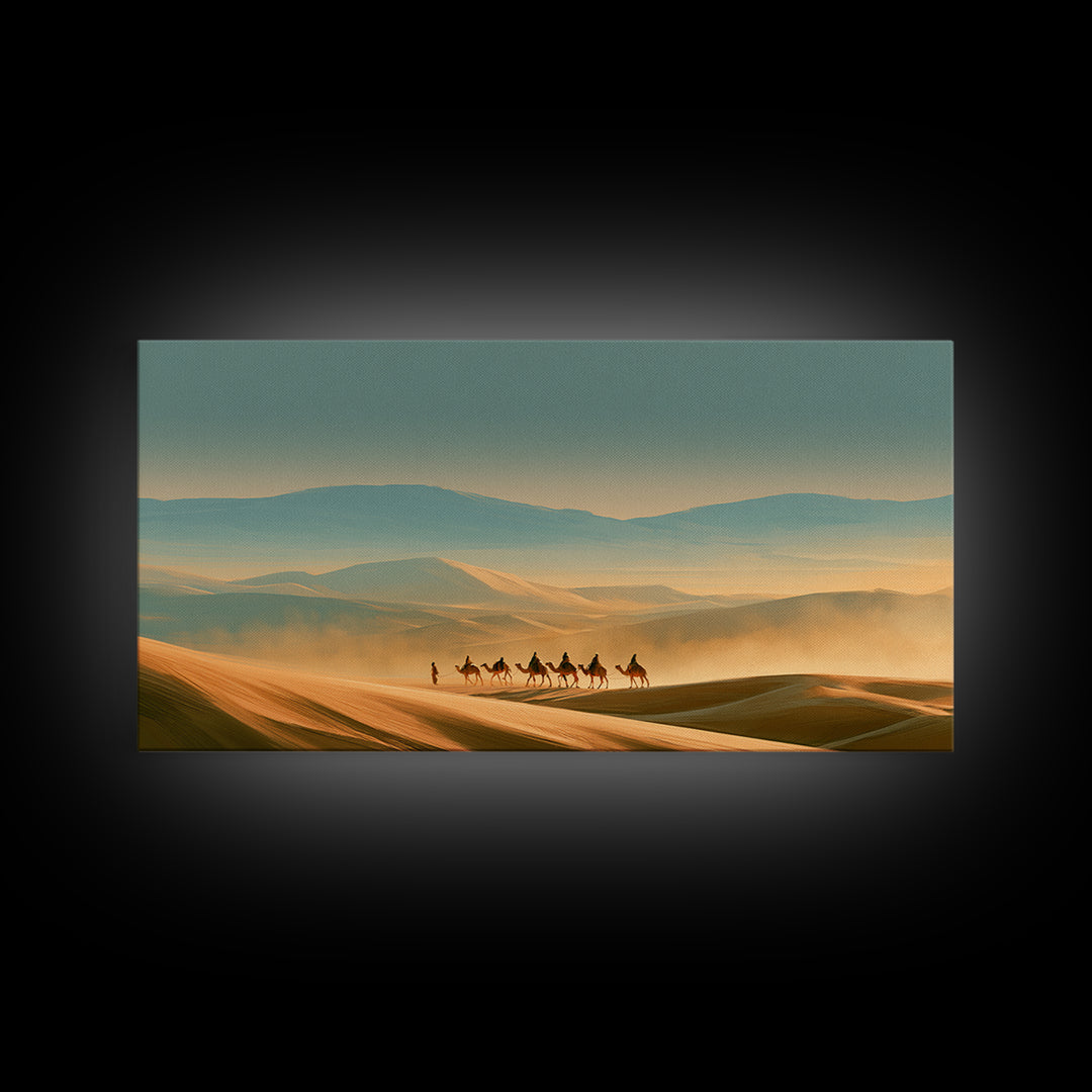 Camel Caravan Crossing Golden Dunes Framed Canvas Print, Desert Art, Western Wall Art, Southwestern Decor, Fine Art, Desert, DES-2x1-99