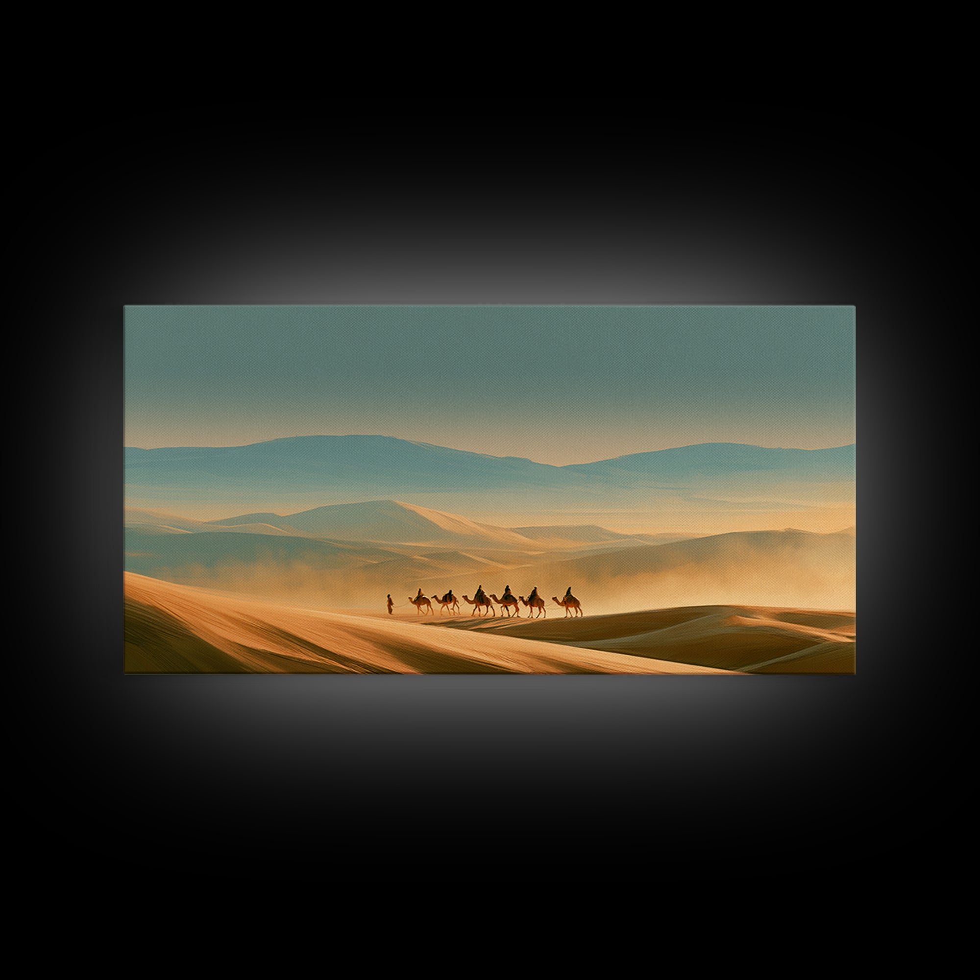 Camel Caravan Crossing Golden Dunes Framed Canvas Print, Desert Art, Western Wall Art, Southwestern Decor, Fine Art, Desert, DES-2x1-99