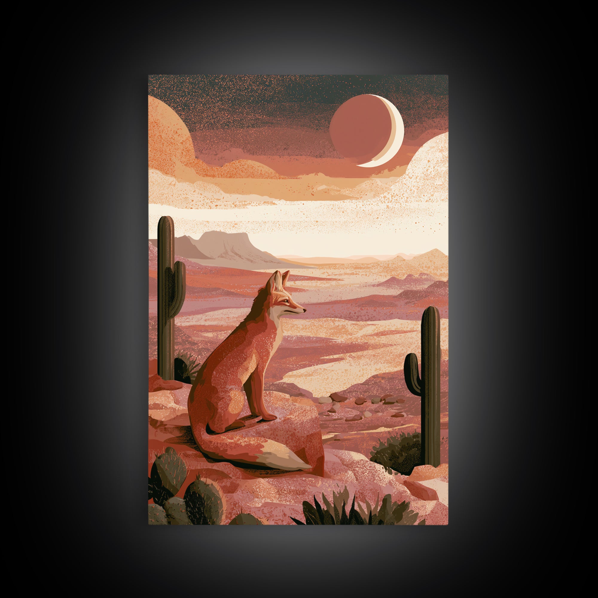 Desert Fox Beneath a Crescent Moon Framed Canvas Print, Desert Art, Abstract Wall Art, Southwestern Decor, Oil Painting, Desert, DES-2x3-1