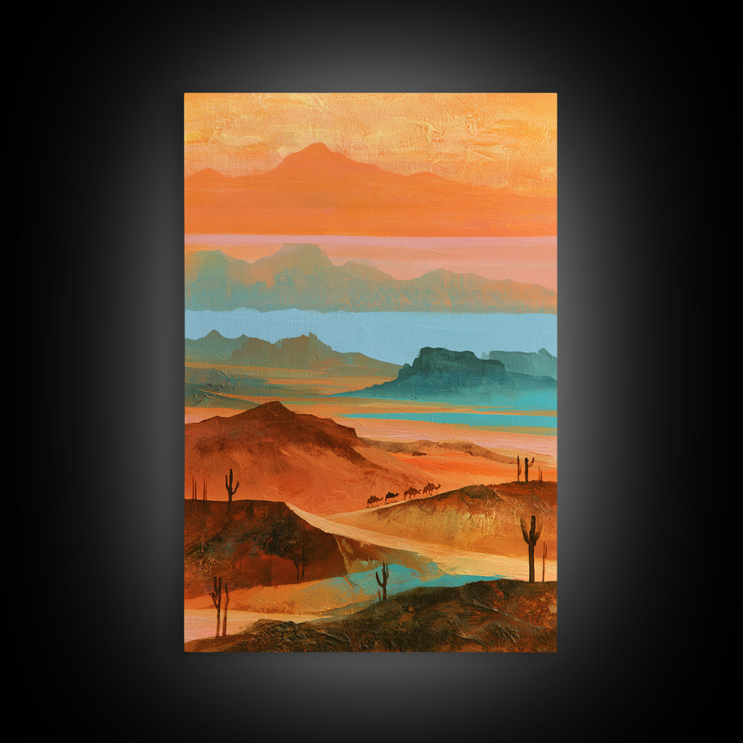 Saharan Dunes with Tiny Caravan Silhouettes Canvas Print, Desert Art, Print, Southwestern Decor, Desert, Watercolor Painting, DES-2x3-10