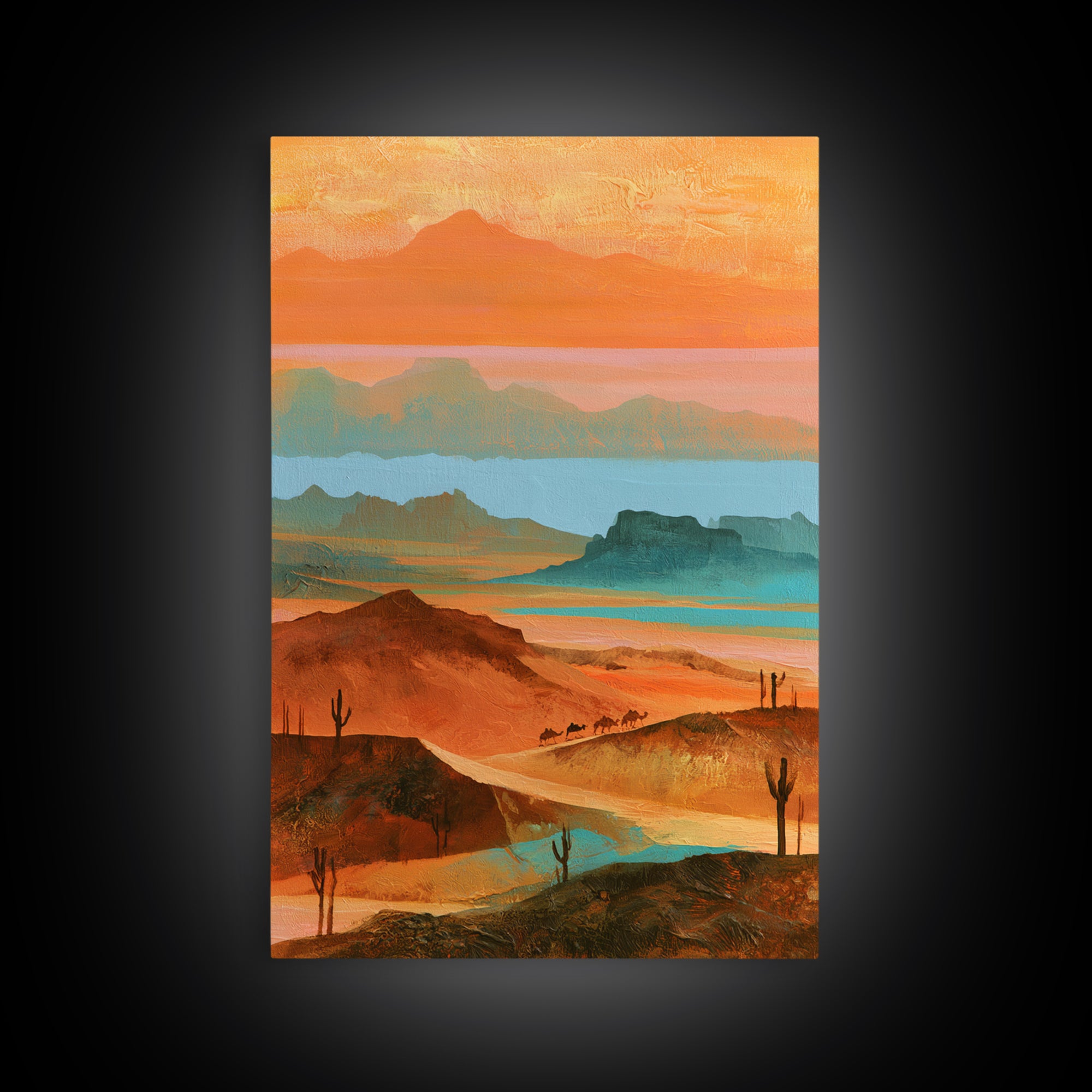 Saharan Dunes with Tiny Caravan Silhouettes Canvas Print, Desert Art, Print, Southwestern Decor, Desert, Watercolor Painting, DES-2x3-10