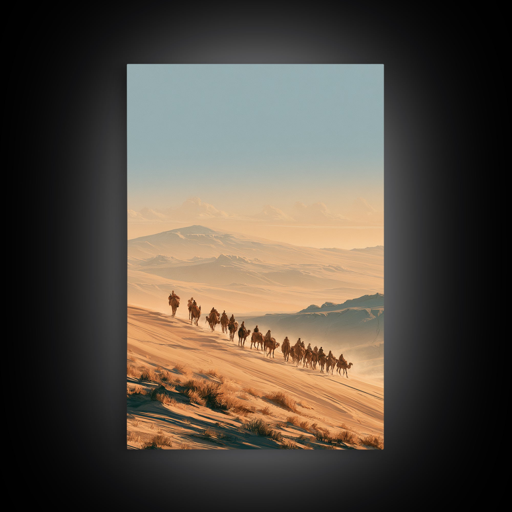Camel Caravan Crossing Golden Dunes Canvas Print, Desert Art, Large Wall Art, Southwestern Decor, Oil Painting, Desert, DES-2x3-15