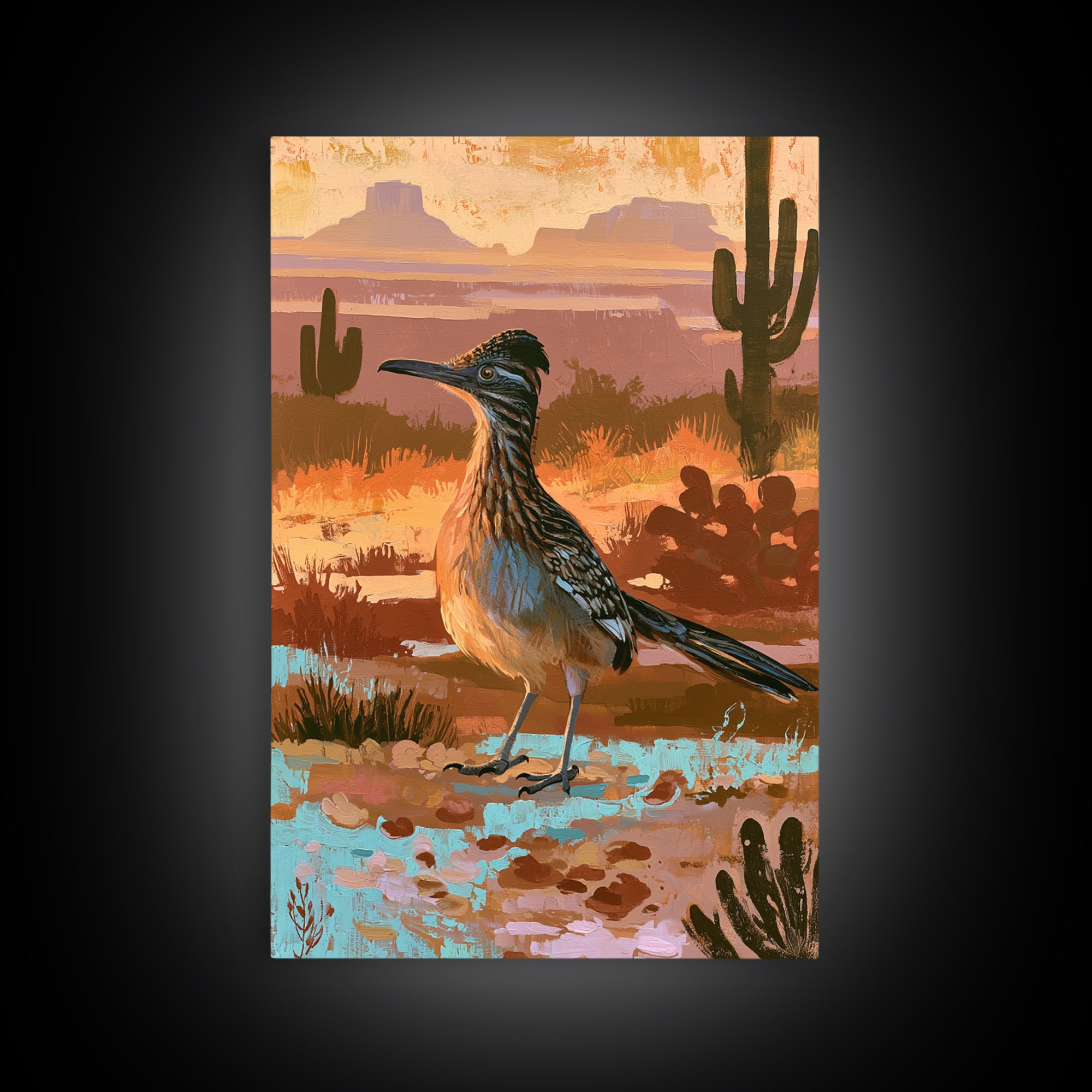 Roadrunner Bird in a Dry Wash Framed Canvas Print, Desert Art, Original Painting, Southwestern Decor, Fine Art, Desert, DES-2x3-22
