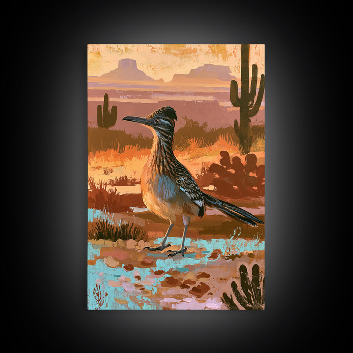 Roadrunner Bird in a Dry Wash Framed Canvas Print, Desert Art, Original Painting, Southwestern Decor, Fine Art, Desert, DES-2x3-22