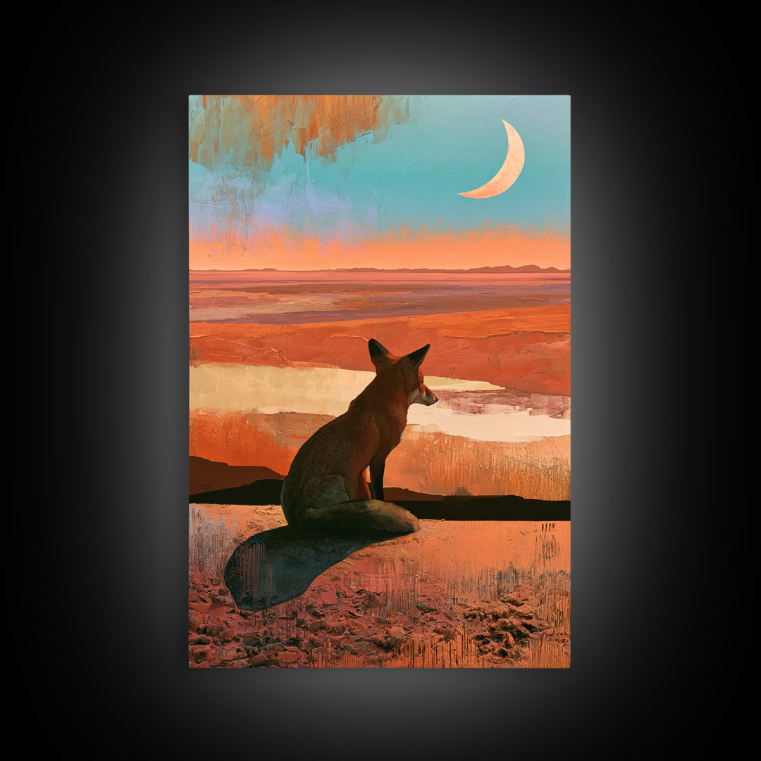 Desert Fox Beneath a Crescent Moon Framed Canvas Print, Desert Art, Abstract Wall Art, Southwestern Decor, Oil Painting, Desert, DES-2x3-25