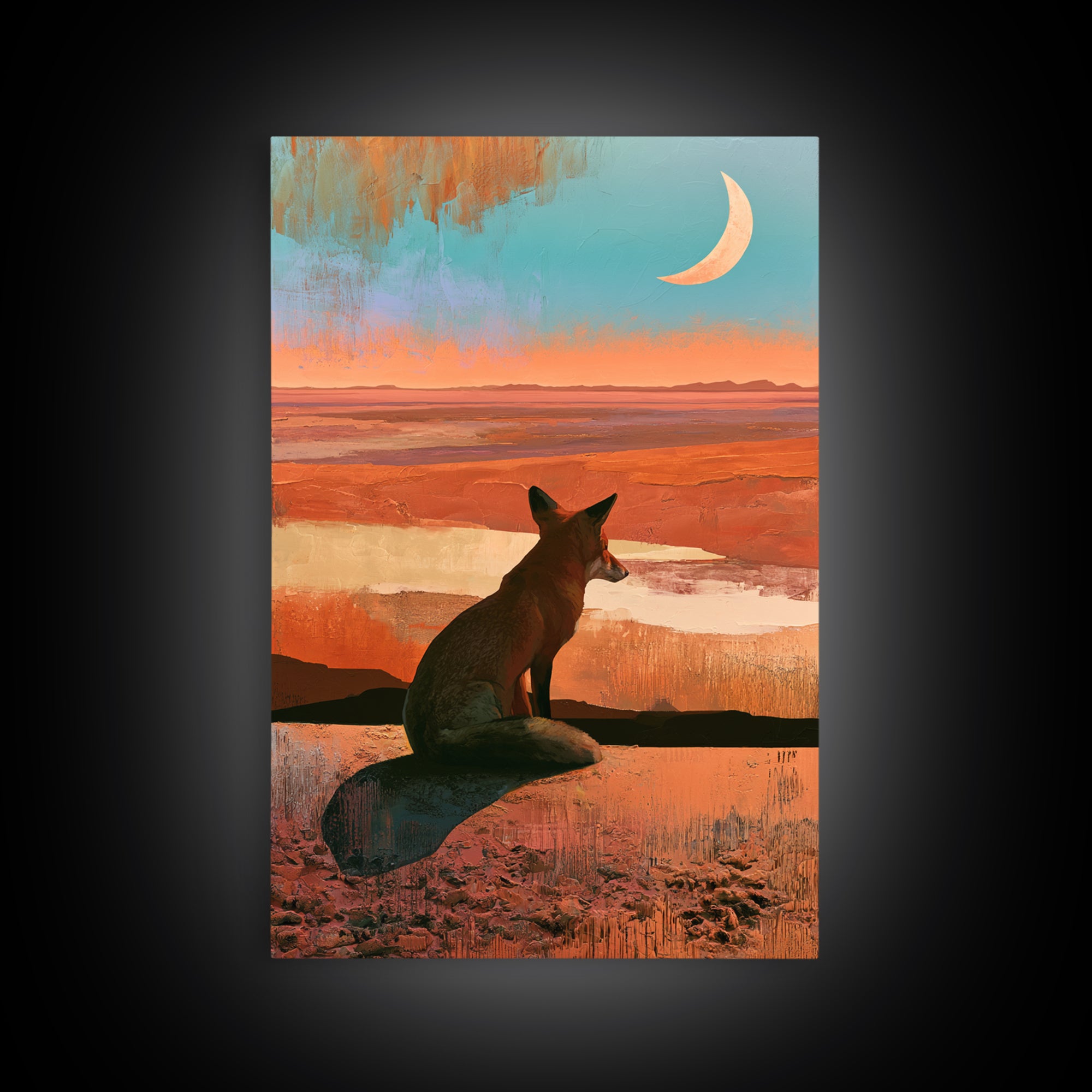 Desert Fox Beneath a Crescent Moon Framed Canvas Print, Desert Art, Abstract Wall Art, Southwestern Decor, Oil Painting, Desert, DES-2x3-25
